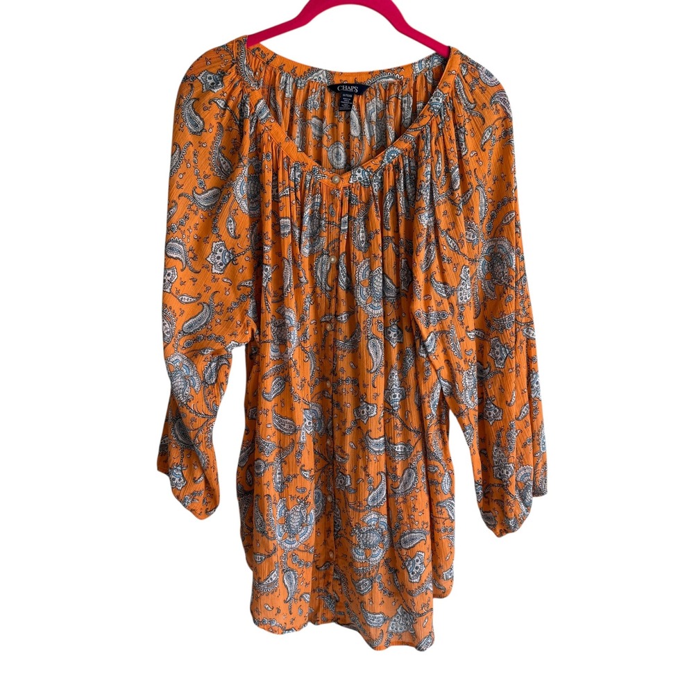 CHAPS Orange Paisley Round Neck Bohemian Chic Ladies Festival Blouse, 1X